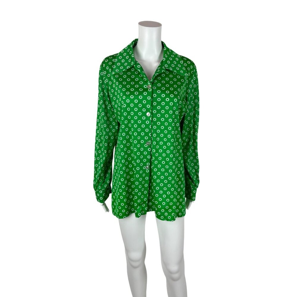 Vintage 70s Circle Top Women's XL Green Shiny Swim Cover Up Long Sleeve Shirt